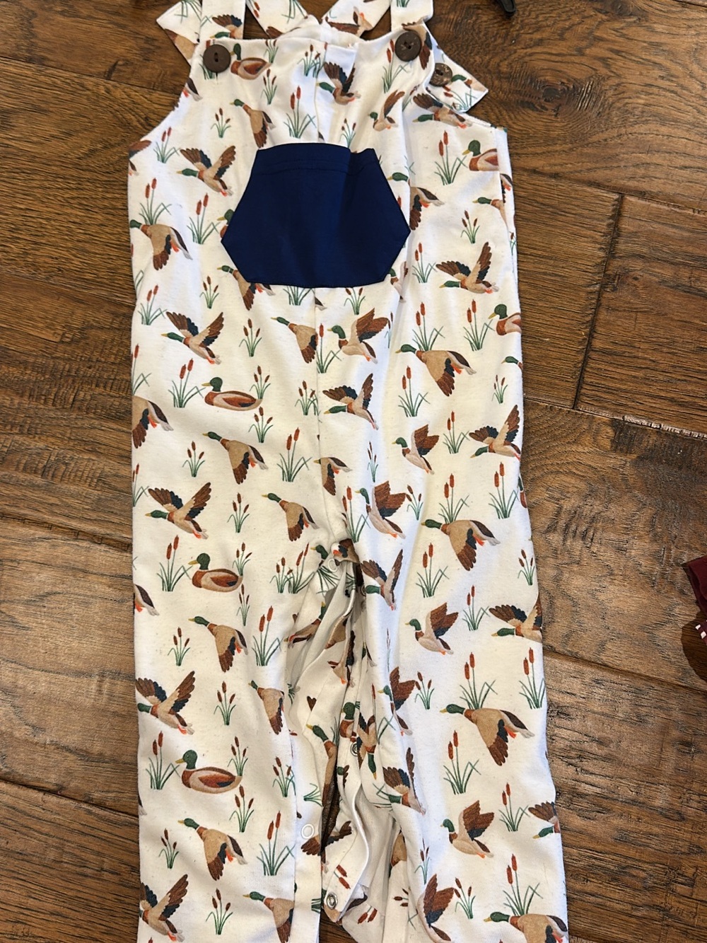 Unbranded Cream Boys Overalls with Navy Pocket- Mallard print